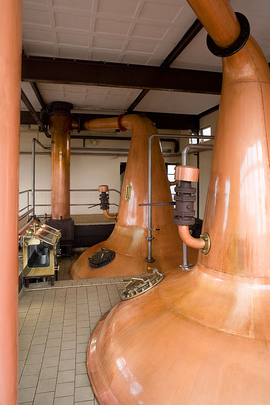 Copper pot stills with curved vapour necks and connecting pipework
