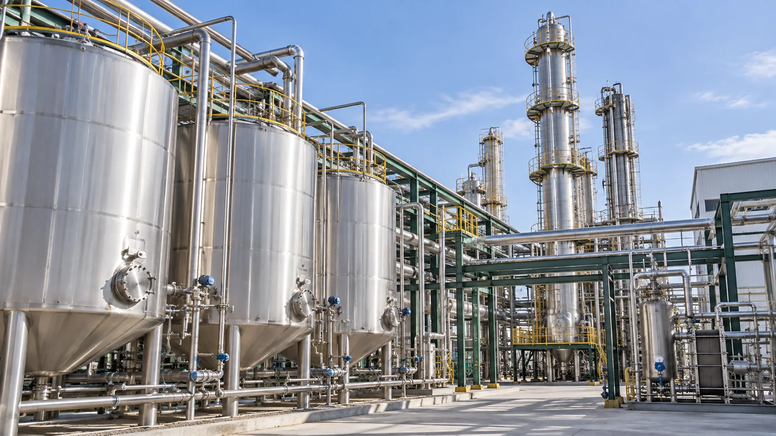 Process tanks, pipework and distillation columns