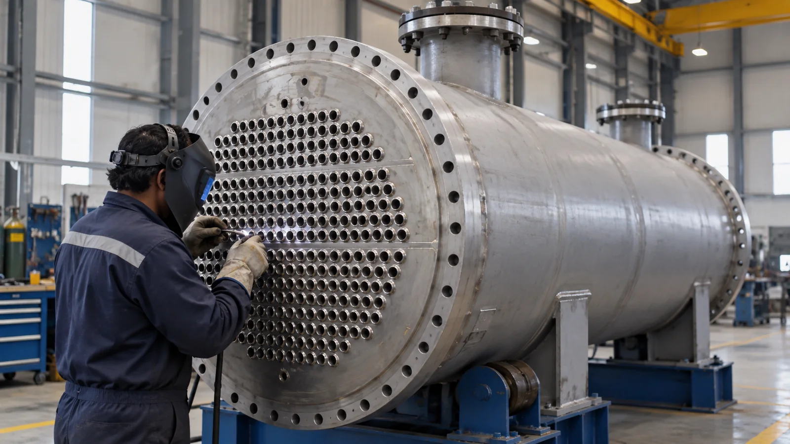 Technician working at the tubesheet of a shell-and-tube heat exchanger
